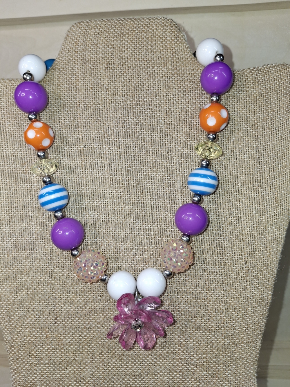 Colorful Beaded Necklace with Pink Flower Pendant